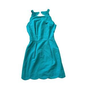 Lauren James Seersucker teal/Lagoon dress, size XS, scalloped hem, halter top